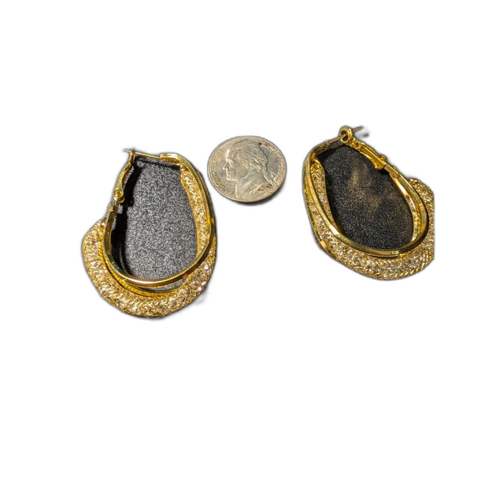 Gold Tone Crystal Mesh Double Hoop Earrings | Oval Stardust Huggie Dangles